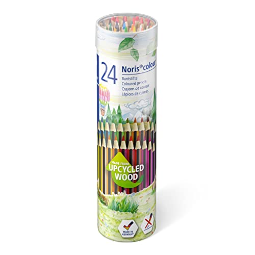 STAEDTLER Buntstifte Noris colour, rutschfeste Soft-Oberfläche, hohe Bruchfestigkeit, Made from Upcycled Wood, intensive Farben, Sechskantformat, 24 Farbstifte in Metallrunddose, 185 MD24 von STAEDTLER