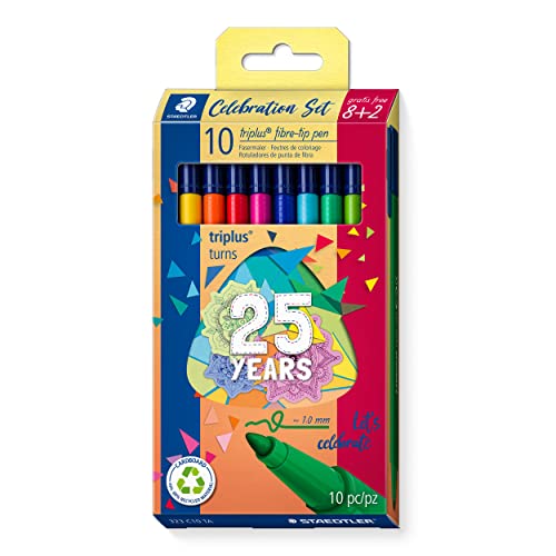 STAEDTLER Fasermaler triplus celebration Set, ergonomischer Dreikantschaft, Linienbreite 1,0 mm, lange Lebensdauer, Jubiläums-Promotion: 8 + 2 fibre-tip pens in sortierten Farben, 323 C10 TA STAEDTLER Fasermaler triplus celebration Set, ergonomischer Dreikantschaft, Linienbreite 1,0 mm, lange Lebensdauer, Jubiläums-Promotion: 8 + 2 fibre-tip pens in sortierten Farben, 323 C10 TA von Staedtler