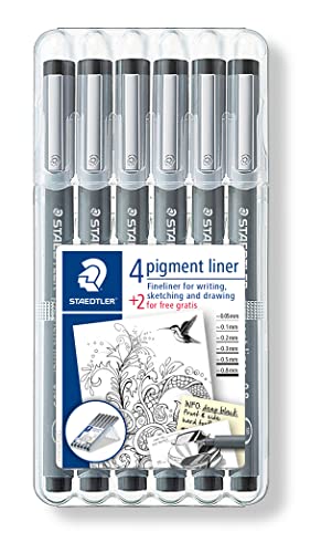 STAEDTLER Fineliner pigment liner, schwarz, Set mit 6 Linienbreiten, Promotion 4 + 2 gratis, hohe Qualität Made in Germany, Pigmenttinte, dokumentenecht, lichtbeständig, 308 SB6P von STAEDTLER