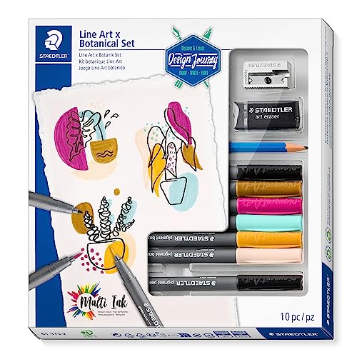 STAEDTLER Line Art & Botanical Set Design Journey, 10-teiliges Set für Line Art in botanisch inspirierten Farben, pigment brush pens in sortierten Farben, Bleistift, Radierer, Anspitzer, 61 371-2 von STAEDTLER