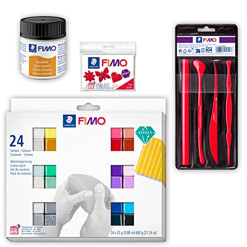 STAEDTLER Modellierset FIMO effect, ofenhärtende Modelliermasse, 24 Halbblöcke á 25g in effektvollen Farben, 4 Modellierwerkzeuge, Glanzlack, Halbblock FIMO und Ausstechform Gratis, 8013 C24-1X von STAEDTLER
