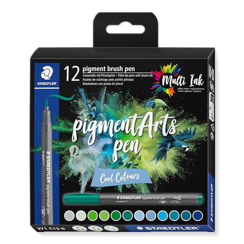 STAEDTLER brush pen pigment Arts, Premium-Zeichentusche, Pinselspitze für variable Linienbreite, wasserfest, schnelltrocknend, 12 brush pens in sortierten Farben im Kartonetui, 371 C12-6 von STAEDTLER
