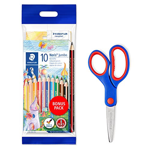 STAEDTLER dicke Buntstifte Noris jumbo, Radiergummi und jumbo Bleistift in Dreikantform und Bastelschere Noris Club mit gerundeten Klingen, 61 SET7P1X von Staedtler