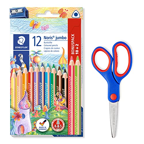 STAEDTLER dicke Buntstifte Noris jumbo in Dreikantform und Bastelschere Noris Club mit gerundeten Klingen, 12 Buntstifte inkl. Spitzer und 14cm Schere, 128 NC12P1X von Staedtler