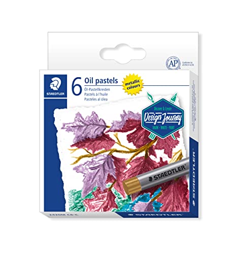 STAEDTLER metallic Öl-Pastellkreide Design Journey, glänzende Farbeffekte auf hellem und dunklem Papier, wasserfest, 11 mm Durchmesser, 6 Ölkreiden in sortierten metallischen Farben, 2420M C6-C von STAEDTLER