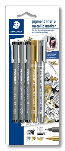 STAEDTLER pigment liner und metallic Marker im Set, hohe Qualität, Set mit 3 Finelinern schwarz und 2 Metalic Markern gold und silber, 308 SBK3P3 von STAEDTLER