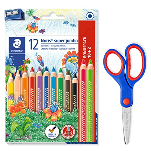 STAEDTLER extra dicke Buntstifte Noris super jumbo mit ABS-System und Bastelschere Noris Club mit gerundeten Klingen, 12 Buntstifte inkl. Spitzer und 14cm Schere, 129 NC12P1X von STAEDTLER