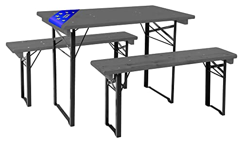 Stagecaptain BBEU-110GY Hirschgarten Bierzeltgarnitur für Balkon - Kurze Version 110 cm Länge - Klappbare Festzeltgarnitur 1x Tisch 2X Bank - Sitzgarnitur aus Holz - Innen & Außenbereich - Dunkelgrau von Stagecaptain