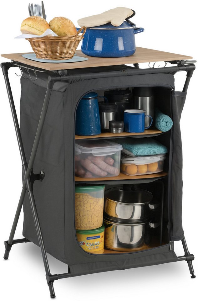 Stagecaptain Campingschrank CSB-85 - Faltbare Camping-Kommode mit Bambusplatte (ideal für Camping, Wohnwagenreisen, Garten oder Zuhause) inkl. Einlegeböden, Haken-Stange und Tragetasche für den Transport von Stagecaptain