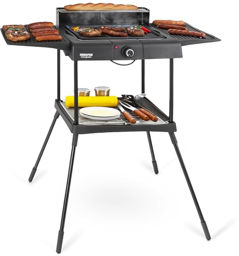 Stagecaptain EBBQ-2000 Elektrogrill 2000W - 3in1 Grill - Tischgrill, Standgrill mit Grillrost und Grillplatte - BBQ Für innen und Außen - Antihaftbeschichtung und Fettauffangschale - Stufenlos von Stagecaptain