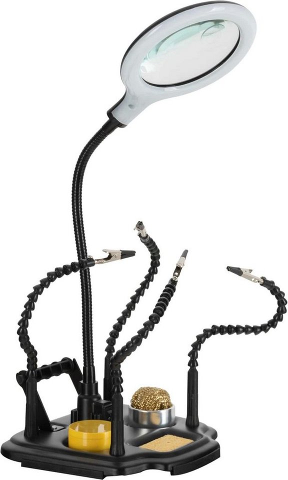 Stagecaptain Elektroschweißgerät LH-440 Löthilfe mit Lupenleuchte, Helfende Hand für Bastel- und Lötarbeiten, flexible Arme mit Krokodilklemme & biegsame Lupe mit LED Beleuchtung von Stagecaptain
