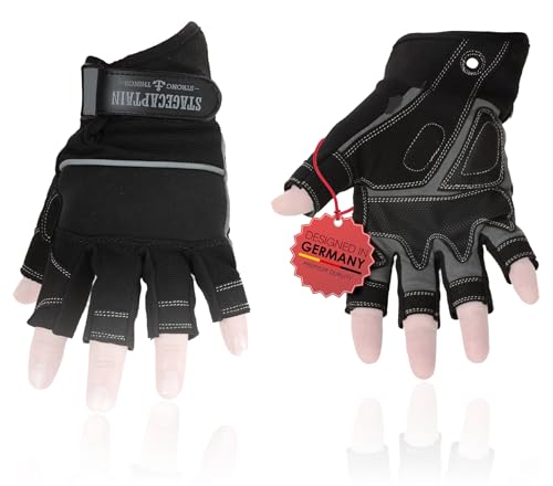 Stagecaptain RGL-0F Rigger Handschuhe - Arbeitshandschuhe für Herren - Größe L - kurze Finger und Innenfläche aus Kunstleder - Aufgesetzte Verstärkungen - Schwarz/Grau von Stagecaptain