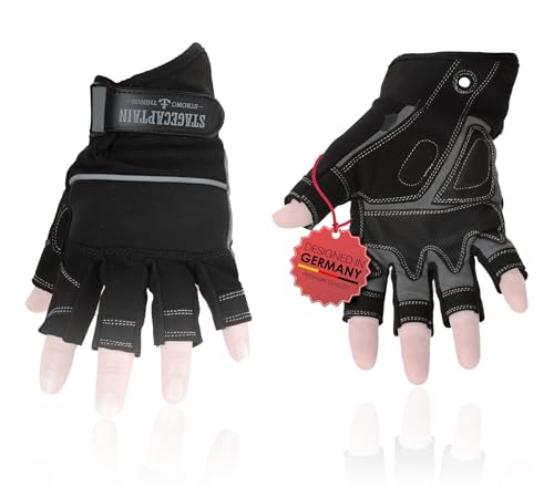 Stagecaptain RGL-0F Rigger Handschuhe - Arbeitshandschuhe für Herren - Größe M - kurze Finger und Innenfläche aus Kunstleder - Aufgesetzte Verstärkungen - Schwarz/Grau von Stagecaptain