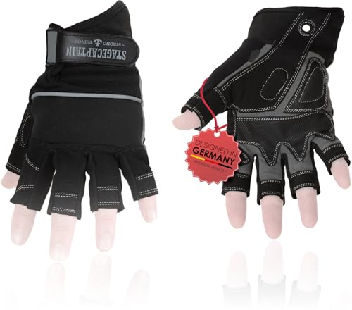 Stagecaptain RGL-0F Rigger Handschuhe - Arbeitshandschuhe für Herren - Größe XL - kurze Finger und Innenfläche aus Kunstleder - Aufgesetzte Verstärkungen - Schwarz/Grau von Stagecaptain
