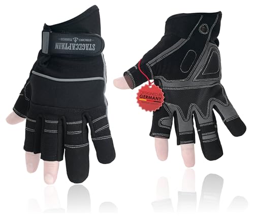 Stagecaptain RGL-2F Rigger Handschuhe - Arbeitshandschuhe für Herren - Größe L - 3 kurze Finger und Innenfläche aus Kunstleder - Aufgesetzte Verstärkungen - Schwarz/Grau von Stagecaptain