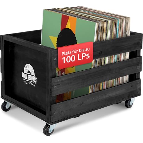 Stagecaptain SPK-100 BK Schallplattenkiste “Emil” - Aufbewahrungsbox für bis zu 100 LPs - aus Vollholz im Retro-Design - 4 lenkbare Rollen - auch für vieles andere bis 25 kg verwendbar - Schwarz von Stagecaptain