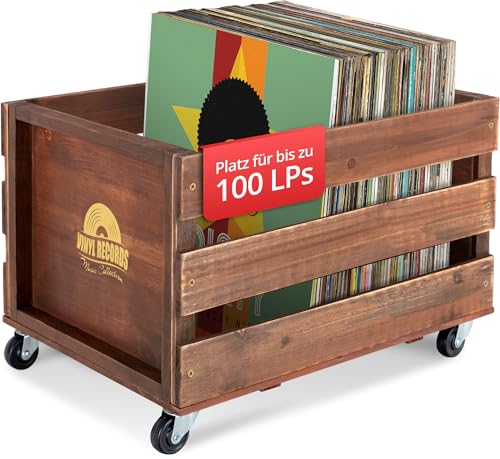 Stagecaptain SPK-100 BN Schallplattenkiste “Emil” - Aufbewahrungsbox für bis zu 100 LPs - aus Vollholz im Retro-Design - 4 lenkbare Rollen - auch für vieles andere bis 25 kg verwendbar - Braun von Stagecaptain