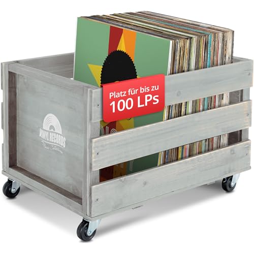 Stagecaptain SPK-100 GY Schallplattenkiste “Emil” 3x Set - Aufbewahrungsboxen für bis zu 100 LPs - aus Vollholz im Retro-Design - 4 lenkbare Rollen - auch für vieles andere bis 25 kg - Grau von Stagecaptain