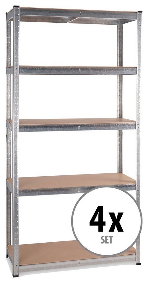 Stagecaptain Schwerlastregal Lagerregal - 5 variabel montierbare Böden - auch als Werkbank umbaubar, 4er Spar-Set 4-tlg., Tragkraft pro Boden: 175 kg, gesamt 875 kg von Stagecaptain