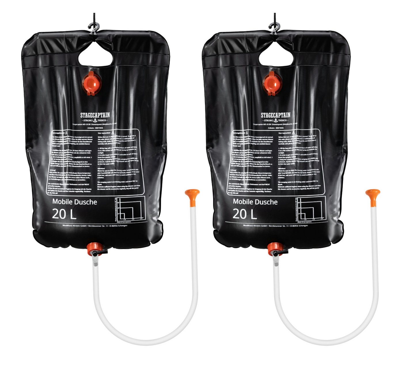 Stagecaptain Solardusche MD-20 BL Mobildusche mit 20 Liter Volumen (Campingdusche Set, 2 St., Inkl. Netzbeutel und Aufhängevorrichtung), Reisedusche Solar mit Duschkopf von Stagecaptain