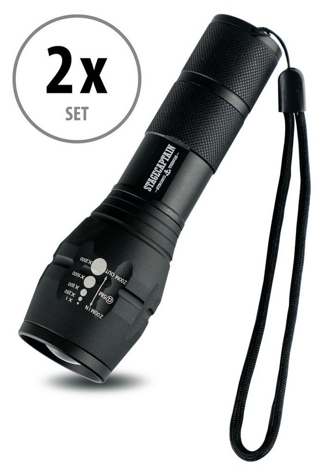 Stagecaptain LED Taschenlampe TF-1000 - Wasserfestes Outdoor Flashlight (Spar-Set, 2-St., Langlebiger 1000 Lumen CREE Chip), mit 3 Helligkeitsstufen, Stufenloser Zoom, Stroboskop und SOS Modus von Stagecaptain