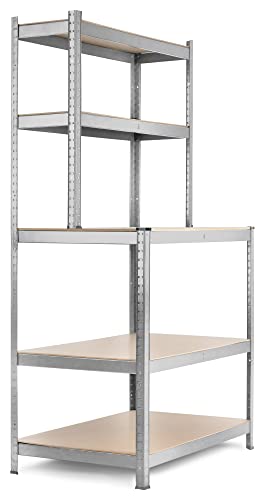 Stagecaptain WBR-175 SR Werkbankregal - Schwerlastregal mit Werkbank - Lagerregal für Werkstatt, Keller, Speisekammer - 5 Böden in 2 Tiefen - Extra stabile Arbeitsfläche auf 97 cm Höhe - Silber von Stagecaptain