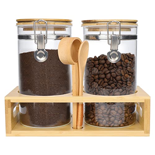 Glas-Kaffee-Behälter mit luftdichter Verschlussklemme und Bambusdeckel, 5x114 ml, Kaffeebohnenaufbewahrung mit Ablage und langer Schaufel und Messlöffel, Tee, Zucker von Stahala