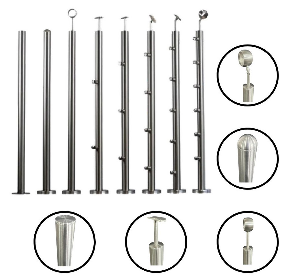 StahlFux Eckpfosten Balkongeländer Edelstahlpfosten Bodenmontage, (1-St., für Handläufe Ø33,7–42,4 mm - vormontiert), Wählbar mit 2 bis 7 Haltern oder versetzt (90° gedreht) von StahlFux