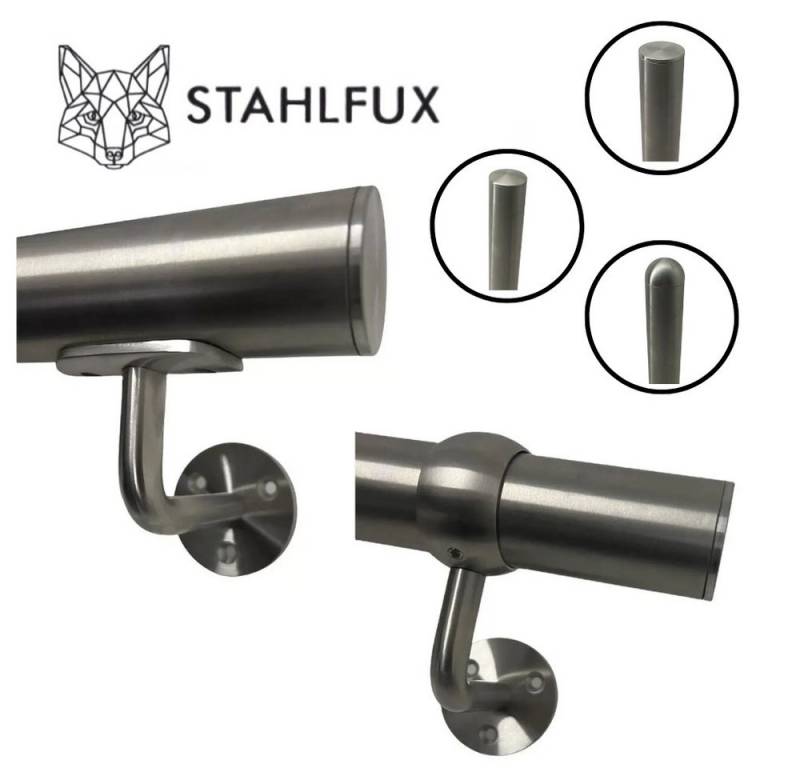 StahlFux Handlauf Wandhandlauf Edelstahlhandlauf Treppengeländer, 30 cm Gesamtlänge, (Spar-Set, 1 St., Länge von 30 bis 150 cm), 90°-Wandhalter wahlweise mit Kugelring oder Trägerplatte von StahlFux