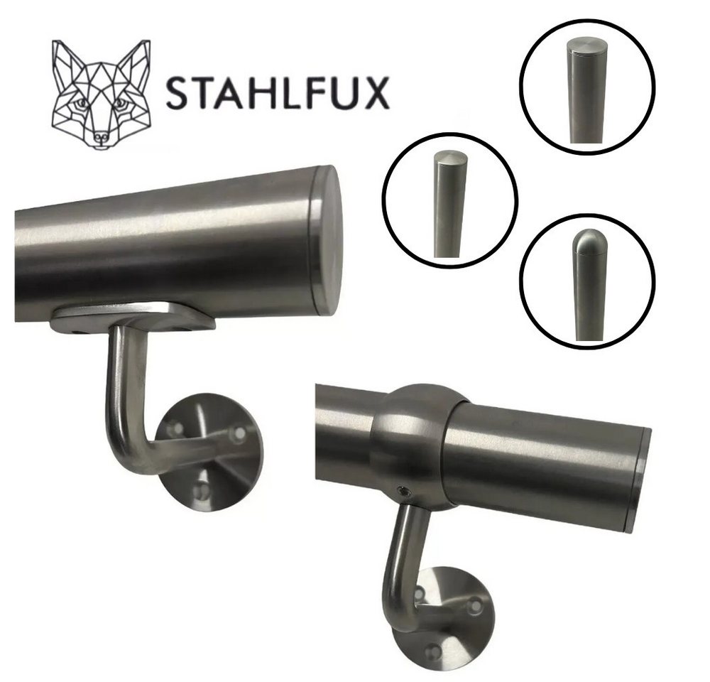 StahlFux Handlauf Wandhandlauf Edelstahlhandlauf Treppengeländer, 310 cm Gesamtlänge, (Spar-Set, 1 St., 90°-Kugelring & Trägerplatte), 4-5 Wandhaltern und passgenauem Verbinder für sichere Konstruktion von StahlFux