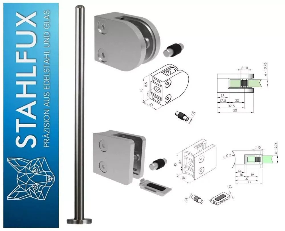 StahlFux Zaunpfosten Premium-Edelstahlpfosten mit M8-Gewinde, (Spar-Set, 1-St., für Glashalter und Blechklemmen), für Glasgeländer, Blechfüllungen oder Sichtschutzelemente von StahlFux