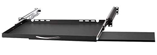 2 Stück 1 HE ausziehbare Rackablage mit Mouspad, 35 cm tief in Schwarz RAL 9005, 19" 483 mm ausziebarer Fachboden Trägereinschub Rack Ablage Boden Mouse Pad von Stahlflex