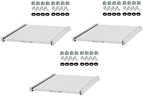 3 Stück 1 HE ausziehbare Rackablage, 45 cm tief in Grau RAL 7035, 19" 483 mm ausziebarer Fachboden Trägereinschub Rack Ablage Boden von Stahlflex