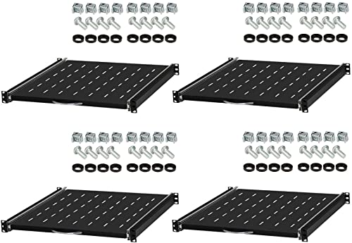 4 Stück 1 HE ausziehbare Rackablage, 45 cm tief in Schwarz RAL 9005, 19" 483 mm ausziebarer Fachboden Trägereinschub Rack Ablage Boden von Stahlflex