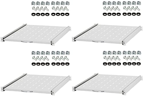 4 Stück 1 HE ausziehbare Rackablage, 45 cm tief in Grau RAL 7035, 19" 483 mm ausziebarer Fachboden Trägereinschub Rack Ablage Boden von Stahlflex