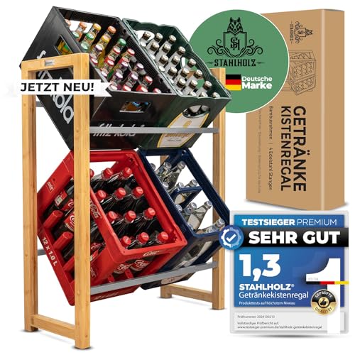 Stahlholz Getränkekistenregal für 4 Getränkekisten - Extrem stabiles Premium Holz Getränkeregal Regal Kistenregale, nachhaltiges Design durch Bambus und Edelstahl von Stahlholz