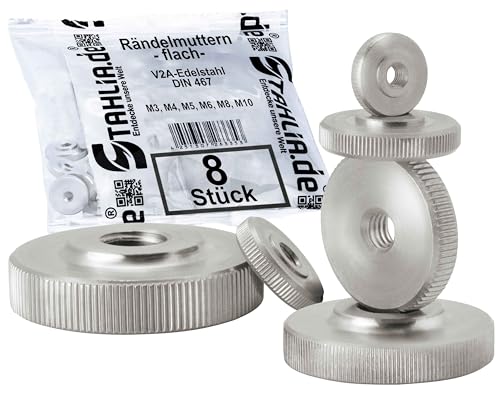 Stahlia Rändelmutter M8 Edelstahl V2A Muttern Set (8 Stück) flache Form DIN 467 Gewindemutter gerändelt für metrische Schraubgewinde & Gewindestangen von Stahlia