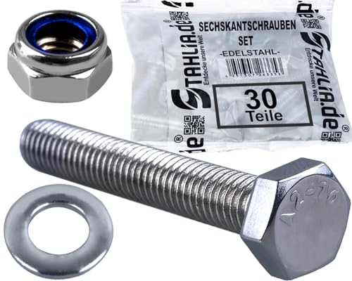 Stahlia 10 Sechskantschrauben 10 Unterlegscheiben & 10 Muttern Set Edelstahl M6 x 30 mm Vollgewinde (30 Teile) DIN 933|125|985 Maschinenschrauben Außensechskant von Stahlia