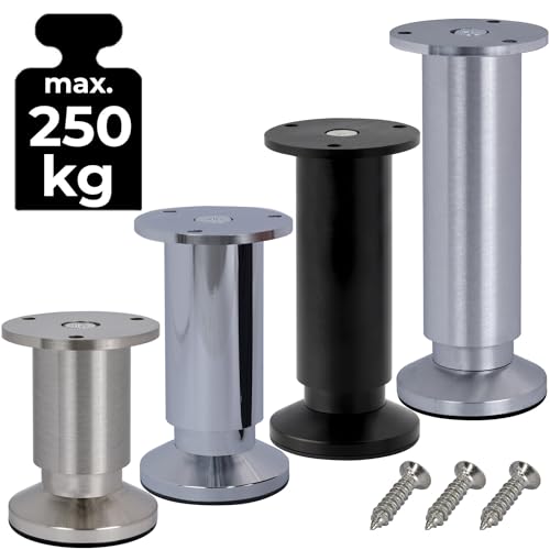 Stahlia Möbelfüße verstellbar (4er Set) 6cm Höhe Aluminium gebürstet Ø 38mm Schrankfüsse belastbar bis 250Kg Sofa Füße Möbelbeine Metallfüße Regalfüße von Stahlia