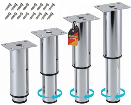 Stahlia Möbelfüße verstellbar Tischbeine Metall Chrom 120-190mm (4er Set) Ø38mm Füße für Möbel Möbelerhöhung Schrankfüsse Sofa Füße Möbelbeine Bettfüße von Stahlia