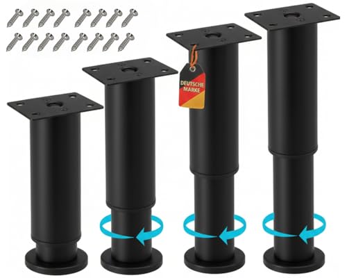 Stahlia Möbelfüße verstellbar Tischbeine Metall Schwarz 200-370mm (4er Set) Ø38mm Bettfüße Füße für Möbel Sofa Füße Möbelerhöhung Schrankfüsse Möbelbeine von Stahlia