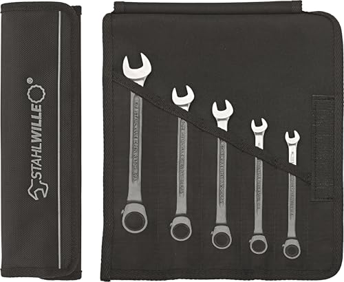 STAHLWILLE 17/5 | Ratschenschlüssel Set 5-tlg. | abgewinkelte Ringseite | extrem belastbar und schraubenschonend | in robuster Rolltasche von STAHLWILLE