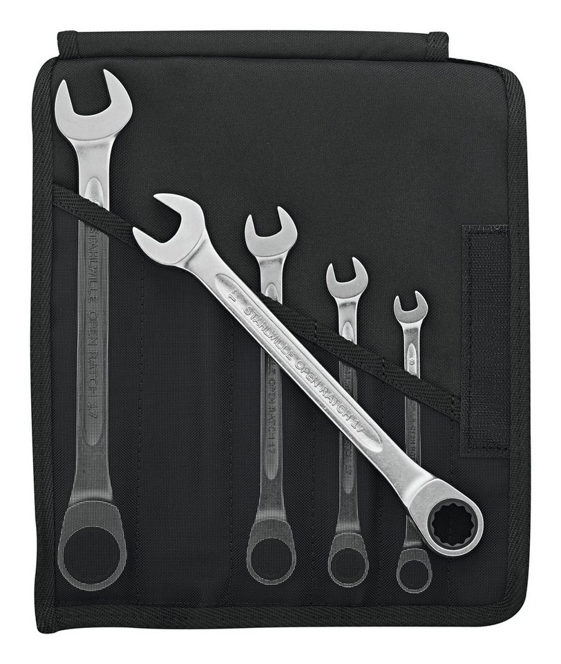Stahlwille Ratschenringschlüssel (5 St), Maul-Ringratschen-Schlüssel-Satz gerade 8-19 mm in Rolltasche von Stahlwille
