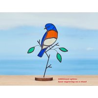Buntglas-Blauer Vogel Auf Dem Holzständer Haus Und Garten Dekor Blaue Sialia von StainedGlassMA