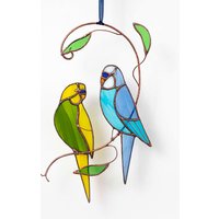 Glasmalerei Wellensittich Papageien Am Zweig Gartendekoration Vogel Sonnenfänger Fensterbehang Veranda Aufhängung von StainedGlassMA