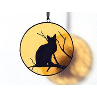 Halloween Schwarze Katze Silhouette Auf Dem Glasmalerei Mond Suncatcher Fensterbild Gothic Fenster Glasmalerei von StainedGlassMA