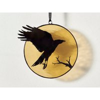 Raben Silhouette Auf Dem Glasmalerei Mond Halloween Suncatcher Fensterbild Gothic Fenster Buntglas von StainedGlassMA