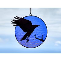 Raben Silhouette Auf Dem Glasmalerei Mond Halloween Suncatcher Fensterbild Gothic Fenster Buntglas von StainedGlassMA