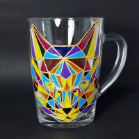 Katze Kaffeebecher Regenbogen Polygon Personalisierte Bunte Glas Handgemalte Becher Geschenk Für Schwester von StainedGlassware