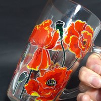 Rote Mohnblumen Große Glastasse, Wildblumen Kalifornien Handbemalt Geschirr, Einzigartiges Geschenk Für Frau von StainedGlassware
